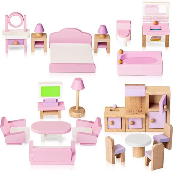 Wooden Dollhouse Furniture Set, 22 Pcs Miniature Dollhouse Accessories